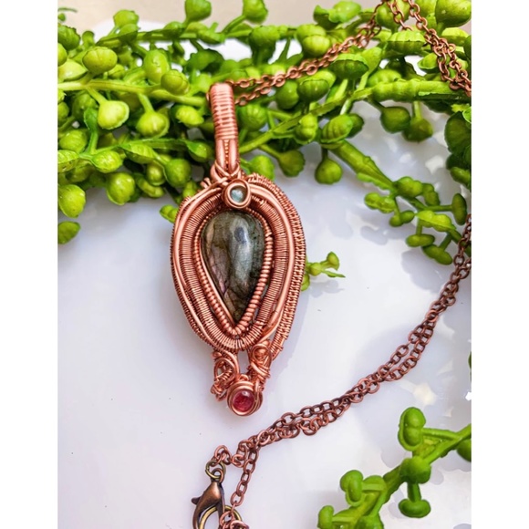 Purple Labradorite & Tourmaline Wire Wrapped Pendant - Picture 3 of 5